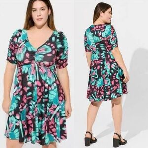 Torrid Mini Dress 1X Studio Knit Cinch Front Skater Butterfly‎ Fairy